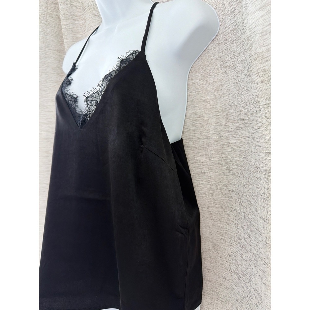 Lucy Paris Womens Black Satin Eyelash Lace Trim V-Neck Cami Tank Top medium NWT - Picture 2 of 3